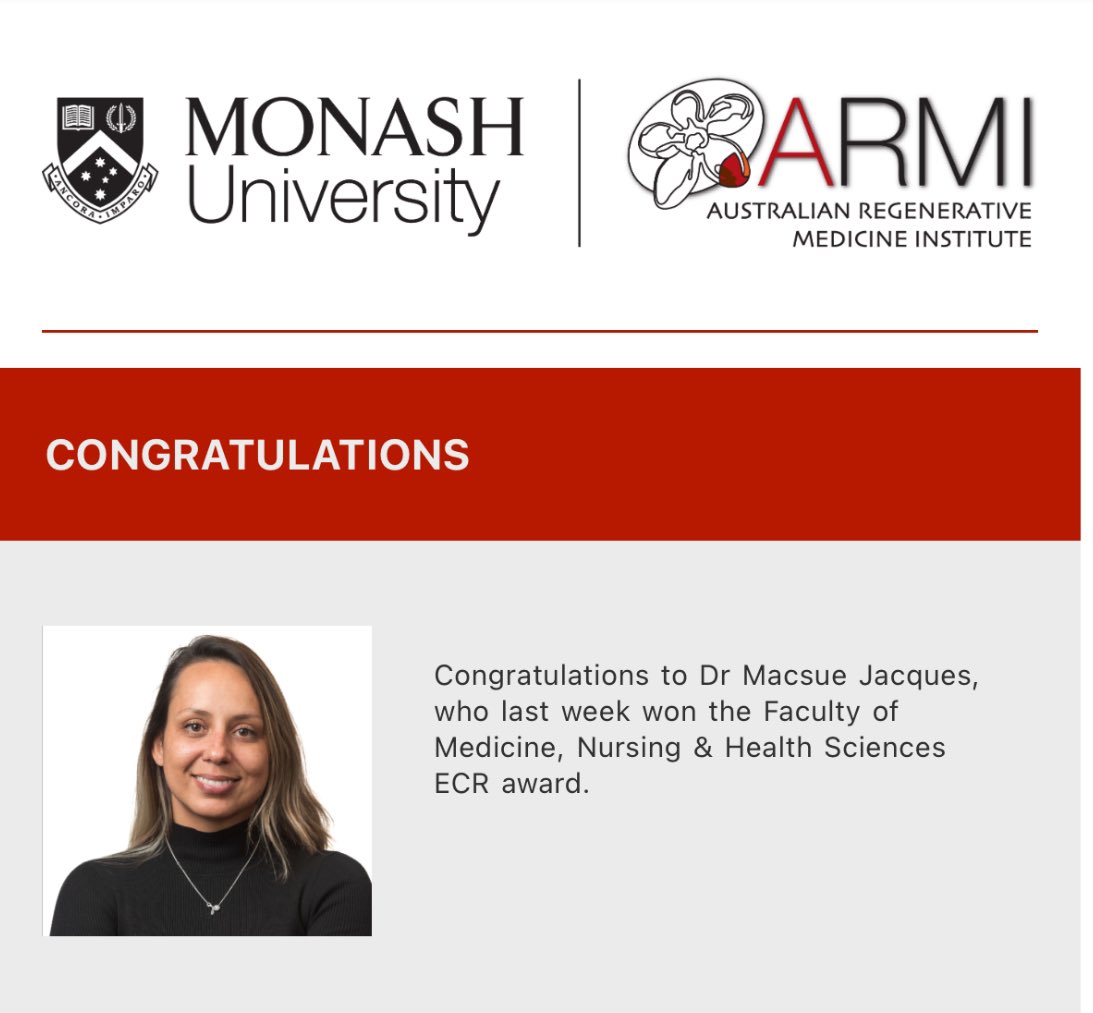 Nir Eynon (@nir_eynon) on Twitter photo Congratulations to our outstanding postdoc <a href="/ARMI_Labs/">ARMI</a> Macsue Jacques <a href="/MacsueJ/">Macsue Jacques</a> , who won the Faculty of Medicine, Monash University <a href="/Monash_FMNHS/">Monash Medicine, Nursing and Health Sciences</a> Faculty Award for ECR excellence in research
We are super proud 👏👏 Congratulations to our outstanding postdoc <a href="/ARMI_Labs/">ARMI</a> Macsue Jacques <a href="/MacsueJ/">Macsue Jacques</a> , who won the Faculty of Medicine, Monash University <a href="/Monash_FMNHS/">Monash Medicine, Nursing and Health Sciences</a> Faculty Award for ECR excellence in research
We are super proud 👏👏