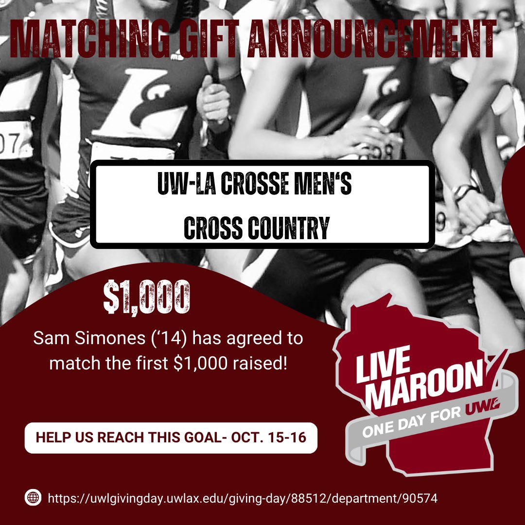 UWL Cross Country (@uwlcc) on Twitter photo Giving Day starts on Tuesday morning! Please help us meet this benchmark. Thank you <a href="/sam_simonions/">Sam Simonions 🧅</a> for your generous gift to help us reach our goal of $20k. Giving Day starts on Tuesday morning! Please help us meet this benchmark. Thank you <a href="/sam_simonions/">Sam Simonions 🧅</a> for your generous gift to help us reach our goal of $20k.