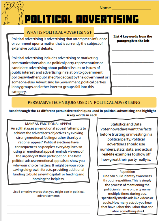 Year 9 Civics students are going to work on an assessment where they have to create a political campaign, this worksheet introduces the topic. Download available at the HASS_WA Facebook page. #Politics #WA_Education #Civics #Year9
