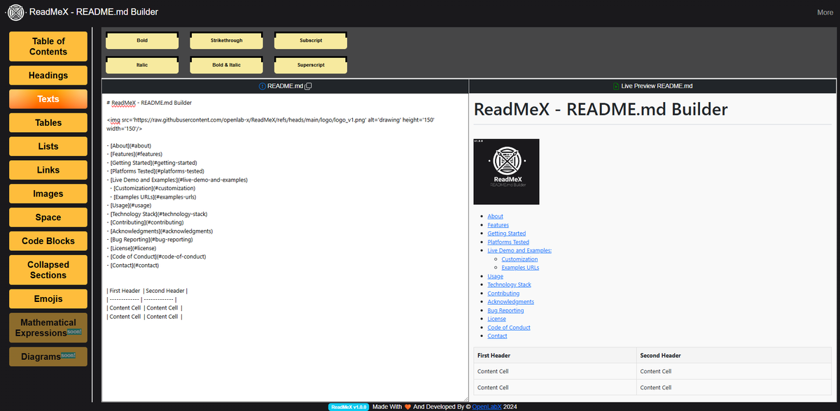 openlabx's tweet image. We just launched ReadMeX - README.md Builder v1.0.0

Drag-and-drop markdown elements, and code syntax highlighting, making the process of creating a README easier and more efficient.

github.com/openlab-x/Read…

#OpenLabX #X #OpenSource #Innovation #ReadMex #reamdmd