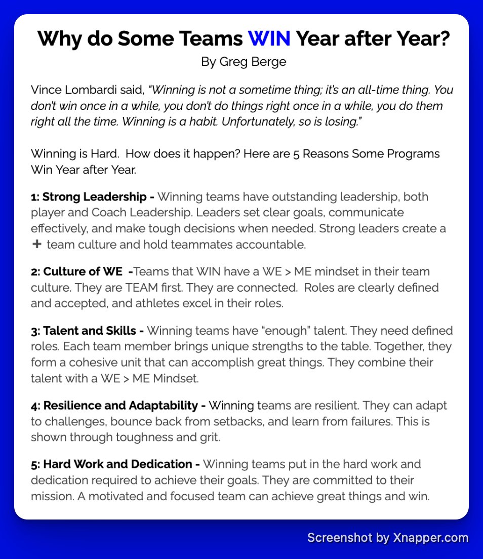 GregBerge's tweet photo. Vince Lombardi said, “Winning is not a sometime thing; it’s an all-time thing. You don’t win once in a while, you don’t do things right once in a while, you do them right all the time. Winning is a habit. Unfortunately, so is losing.”

Why do some teams win year after year? https://t.co/vPN41KODFz