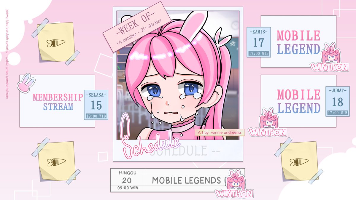 Winnieandreena's tweet photo. ⌜Winnie Weekly Schedule⌟
14 &amp; 20 Okt 2024

Asset  by @nitachan03 [IG]

----------------------------------

⌜HASTAG⌟

#WinnieAndreena ⌜General⌟
#ReShow ⌜Live⌟
#Winners ⌜Fanname⌟
#FiguReena ⌜Fanarts⌟
#JoKelinci ⌜Memes⌟
#ClipAn ⌜Clips⌟ https://t.co/LYdbnY7BAz