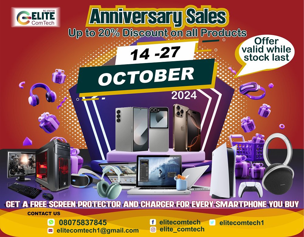elitecomtech1's tweet image. Our Annual Anniversary Sales is Here #AnniversarySales #EliteComTech #Gadgets #DiscountSales #Sales #SmartPhones #SmartWatches #iPad #Speakers #PersonalComputers #OfferValidWhileStockLast #October2024