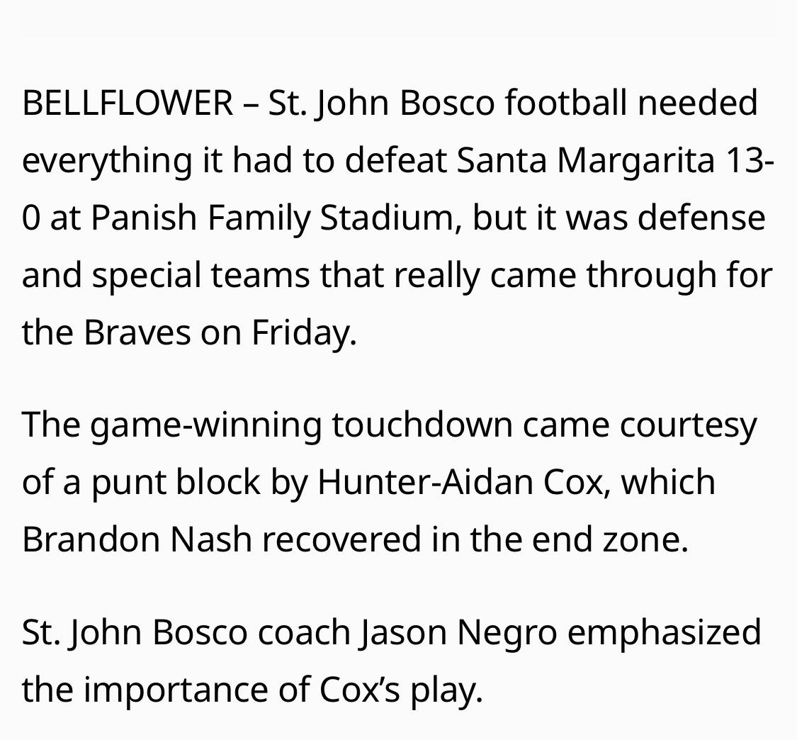 HunterCox2025's tweet photo. Game-Sealing Punt Block vs Santa Margarita 13 - 0
@boscofootball @DannyLockhartS1 @TEAMHUSTLEFTBL @adamgorney @GregBiggins @ChadSimmons_ @PrepRedzoneCA @On3Recruits @C_Morrissette @latsondheimer @johnwdavis @Coach_JJHall 

https://t.co/zN184esTmT https://t.co/WhmIR85jZF