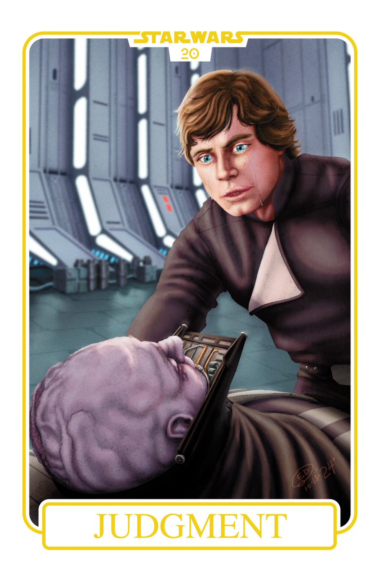 EdWatsonArt's tweet photo. Star Wars Tarot - The Sky River Deck:

Card 21: Judgment.
Characters: Luke Skywalker, Anakin Skywalker.

**This is fan art. Star Wars ©Lucasfilm Ltd ©Disney.**

#TarotCards #StarWars #StarWarsTarotCards #Jedi #Sith #LukeSkywalker #AnakinSkywalker #TellYourSisterYouWereRight #NoAi https://t.co/dtkSrsyV0P
