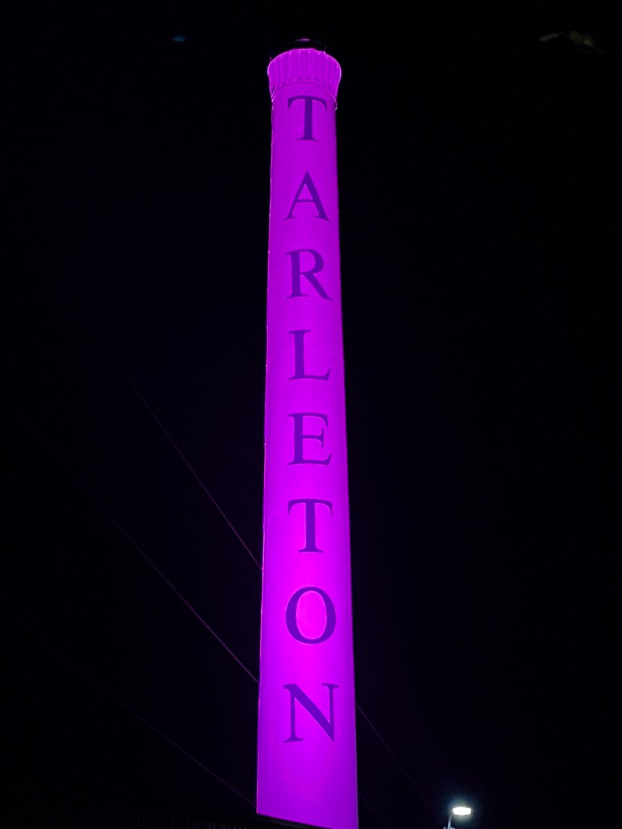 TarletonState's tweet image. In honor of #LightUpMBC, the Smokestack and buildings around campus are lit up with green, pink and teal lights for metastatic breast cancer awareness day! 

#TarletonState #BleedPurple #Tarleton125