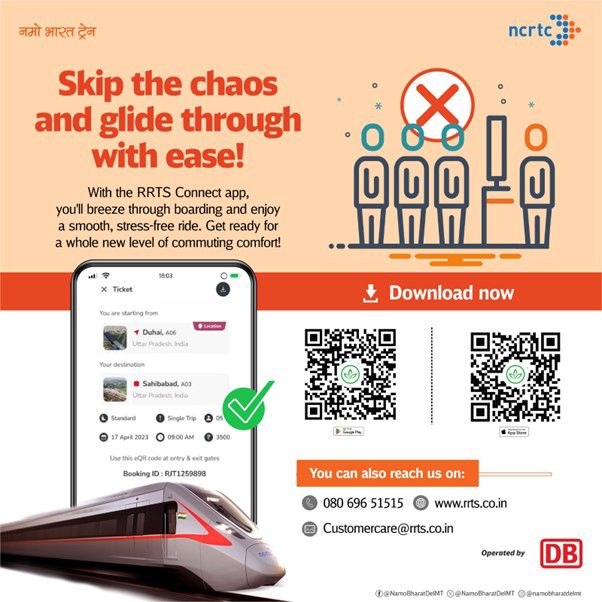 NamoBharatDelMT's tweet photo. Ready to skip the lines?
With the #RRTSConnectapp, breeze through your journey and enjoy effortless travel.
Download the app now and book your QR ticket in just a few clicks!
#NCRTC #RRTS #NamoBharat #DBRRTS #NamoBharatTrain https://t.co/dxmJAQN52Z
