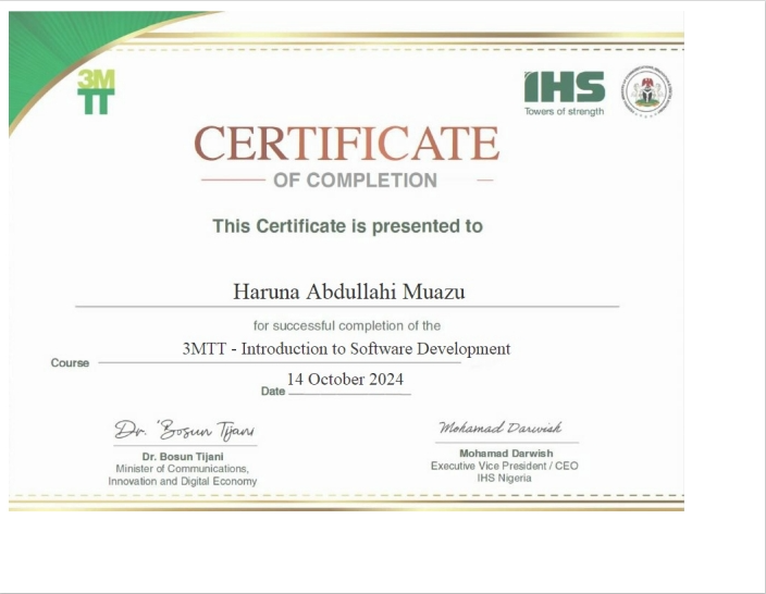 Ham_webdev's tweet image. I have completed the 3MTT- Introduction to Software Development Course. I am waiting and ready to be selected in the next cohort. Thank you @3MTTNigeria   @IHSTowers     #My3MTT #IHSAcademy.  for providing us with this transformative opportunity.