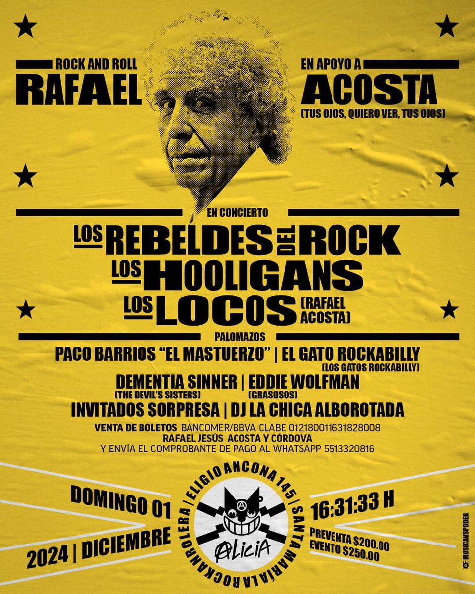 1 DIC. 4 pm. <a href="/multiforoalicio/">Multiforo Alici@</a>

🤍🙏🏽 Un rock &amp; roll por
RAFA ACOSTA.

Todas las entradas van íntegras a su tratamiento.

LOS REBELDES DEL ROCK
LOS HOOLIGANS 
LOS LOCOS (de Rafa Acosta)

$200 pre 
$250 el día 
SÓLO POR TRANSFERENCIA 
(ver datos)