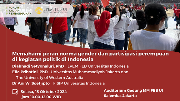 FKP_Indonesia's tweet photo. Mengingat kuatnya norma sosial yg menganggap perempuan sbg caregiver, apakah partisipasi politik perempuan di Indonesia masih merepresentasikan ekspektasi peran tradisional? 

Atau sudah menandakan kemajuan nyata dalam kesetaraan gender?

FKP besok pagi, Selasa 15 Okt jam 10am https://t.co/F9B7nwxE2r