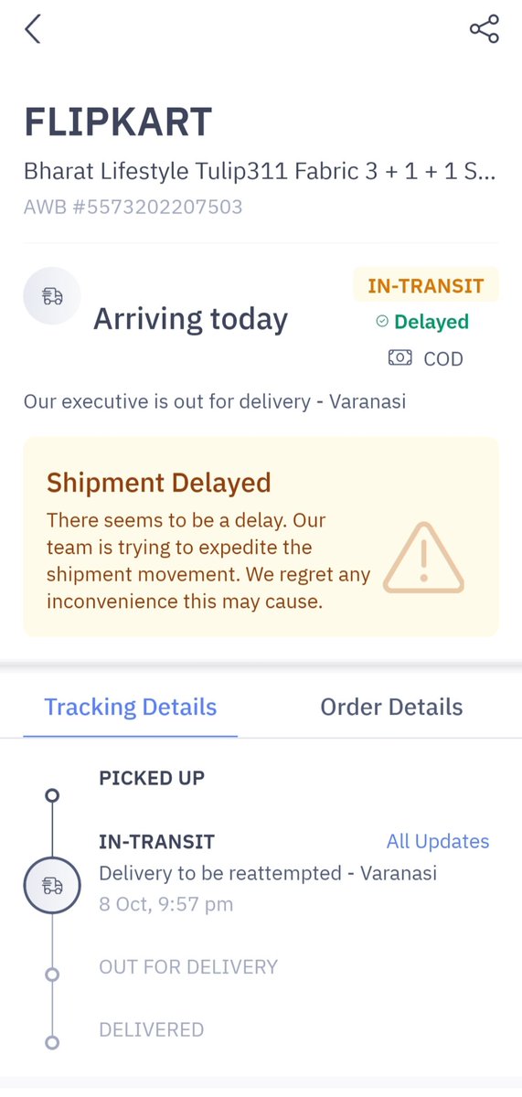 _AnkitBharti's tweet photo. I have an Shipment from @Flipkart 
I want to inform you regarding my shipment 5573202207503 that it is getting delayed more than expected. You are requested to investigate and take action against the person responsible.  
@help_delhivery 
@delhivery 
@flipkartsupport https://t.co/R1xR5lv0jI