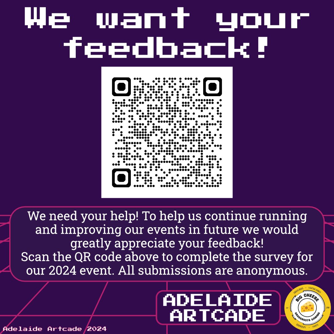 AdelaideArtcade's tweet photo. Thank you to everyone who attended Adelaide Artcade 2024! 🥳
Adelaide Artcade and Big Cheese are looking to continue improving their events in future so your feedback would be greatly appreciated.

Fill out the event survey here: https://t.co/5RUYTuYQUE
Submissions are anonymous https://t.co/GvvVZWO3wu