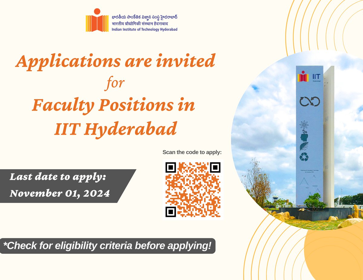 IIT Hyderabad (@iithyderabad) on Twitter photo Applications are invited for Faculty Positions in <a href="/IITHyderabad/">IIT Hyderabad</a>
Last date to apply: November 01, 2024
For more details, Visit: faculty.recruitment.iith.ac.in
For inquiries, please contact: faculty.recruitment@iith.ac.in
<a href="/PMOIndia/">PMO India</a> <a href="/EduMinOfIndia/">Ministry of Education</a> Applications are invited for Faculty Positions in <a href="/IITHyderabad/">IIT Hyderabad</a>
Last date to apply: November 01, 2024
For more details, Visit: faculty.recruitment.iith.ac.in
For inquiries, please contact: faculty.recruitment@iith.ac.in
<a href="/PMOIndia/">PMO India</a> <a href="/EduMinOfIndia/">Ministry of Education</a>