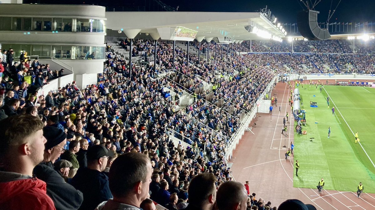 bowbrookshrew's tweet photo. Finland 1 England 3 at the Helsingin Olympiastadion last night. A very much needed to get the job done performance, still not at our best but better than Thursday. A new city &amp; country visited and very friendly locals, an all round great trip 🇫🇮🏴󠁧󠁢󠁥󠁮󠁧󠁿 #FollowEnglandAway #FINENG https://t.co/5KCOmOqyPR