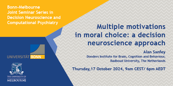 Centre for Brain, Mind and Markets (@unimelb_cbmm) on Twitter photo Join us at 9am CEST/6pm AEDT Thursday 17 October for the next in the Bonn-Melbourne Seminar Series in Decision Neuroscience and Computational Psychiatry with Alan Sanfey! <a href="/BusEcoNews/">Business & Economics UniMelb</a> <a href="/DondersInst/">Donders Institute</a>
go.unimelb.edu.au/84g8 Join us at 9am CEST/6pm AEDT Thursday 17 October for the next in the Bonn-Melbourne Seminar Series in Decision Neuroscience and Computational Psychiatry with Alan Sanfey! <a href="/BusEcoNews/">Business & Economics UniMelb</a> <a href="/DondersInst/">Donders Institute</a>
go.unimelb.edu.au/84g8