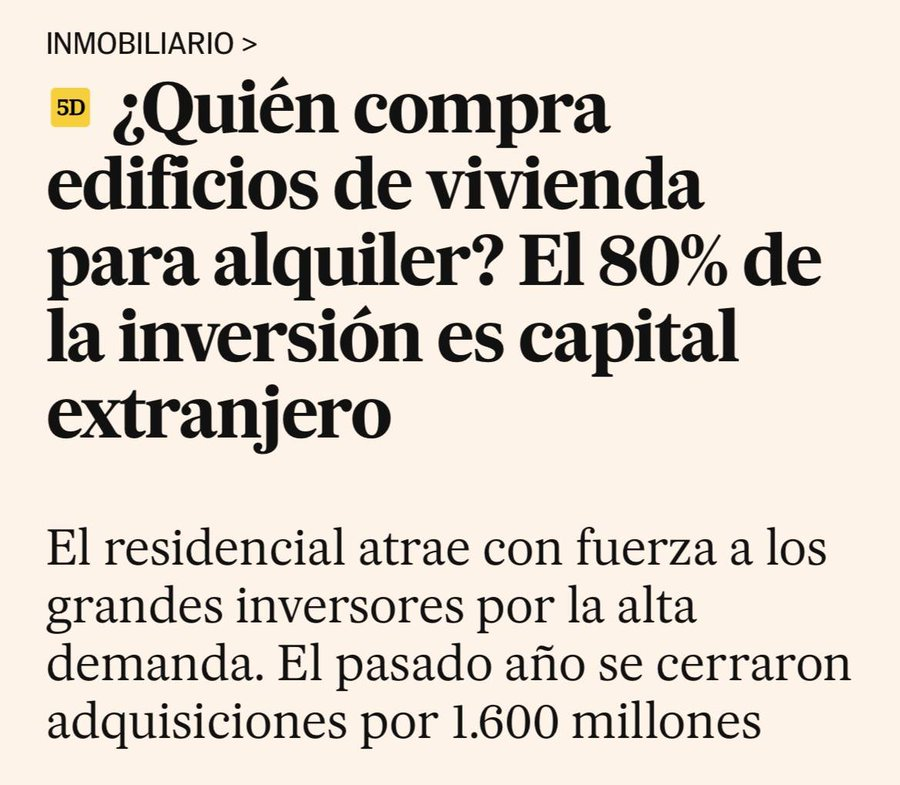 JulenBollain's tweet photo. En 2023, el 80% de la inversión que se hizo en vivienda para alquilar en España es extranjera.

El 44% de esas inversiones, además, las realizan fondos de inversión.

Hay que pararles los pies. No podemos permitir que sigan especulando con nuestros derechos más básicos. https://t.co/ZJwAXf9i6P