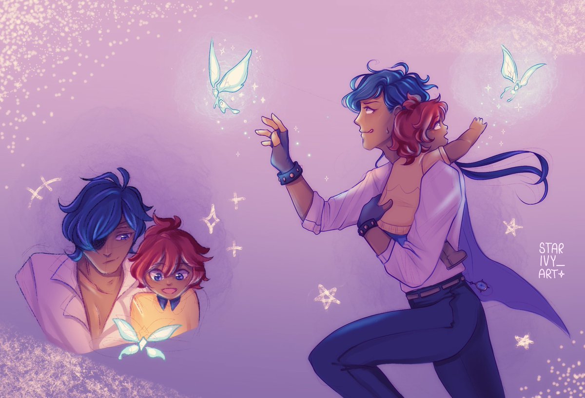 caelus and papa, catching crystalflies around the winery 🦋 luc is somewhere nearby, watching them with a warm smile ♥️

this art was a prompt by <a href="/miraswordvomit/">Mira @ KLK Action for Gaza 🇵🇸</a> for the <a href="/kaeluckaegotcha/">Kaeluckae Gotcha for Gaza</a> ✨ thank you so much for your support! 

#kaeluc #ガイディル