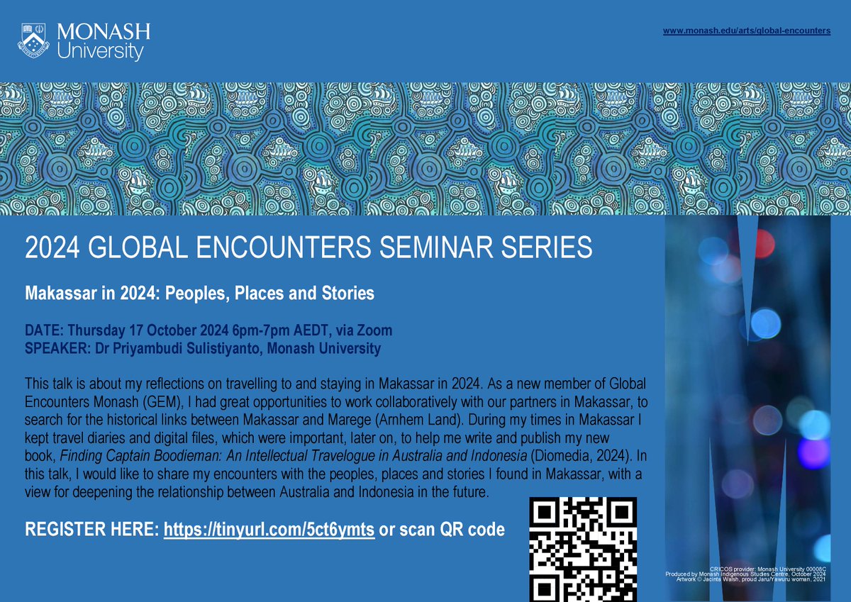 Join us this Thursday 17 October at 6pm AEDT for an online seminar where GEM Senior Research Fellow <a href="/PriyambudiS/">Dr Priyambudi</a> will discuss the peoples, places and stories he encountered in Makassar, Indonesia earlier this year.

Register here:  tinyurl.com/5ct6ymts