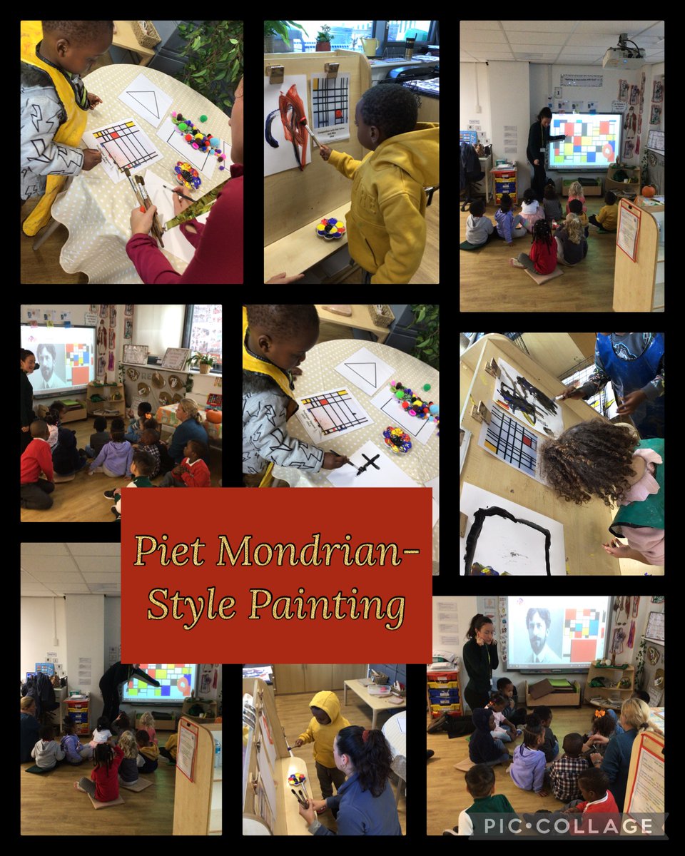W/E 11.10.24: The #Nursery children learned about artist Piet Mondrain to coincide with the maths learning (shapes). We saw that he liked to paint in straight lines &amp; squares/rectangles. The children took great care in creating their own style modelled on Mondrian's.
