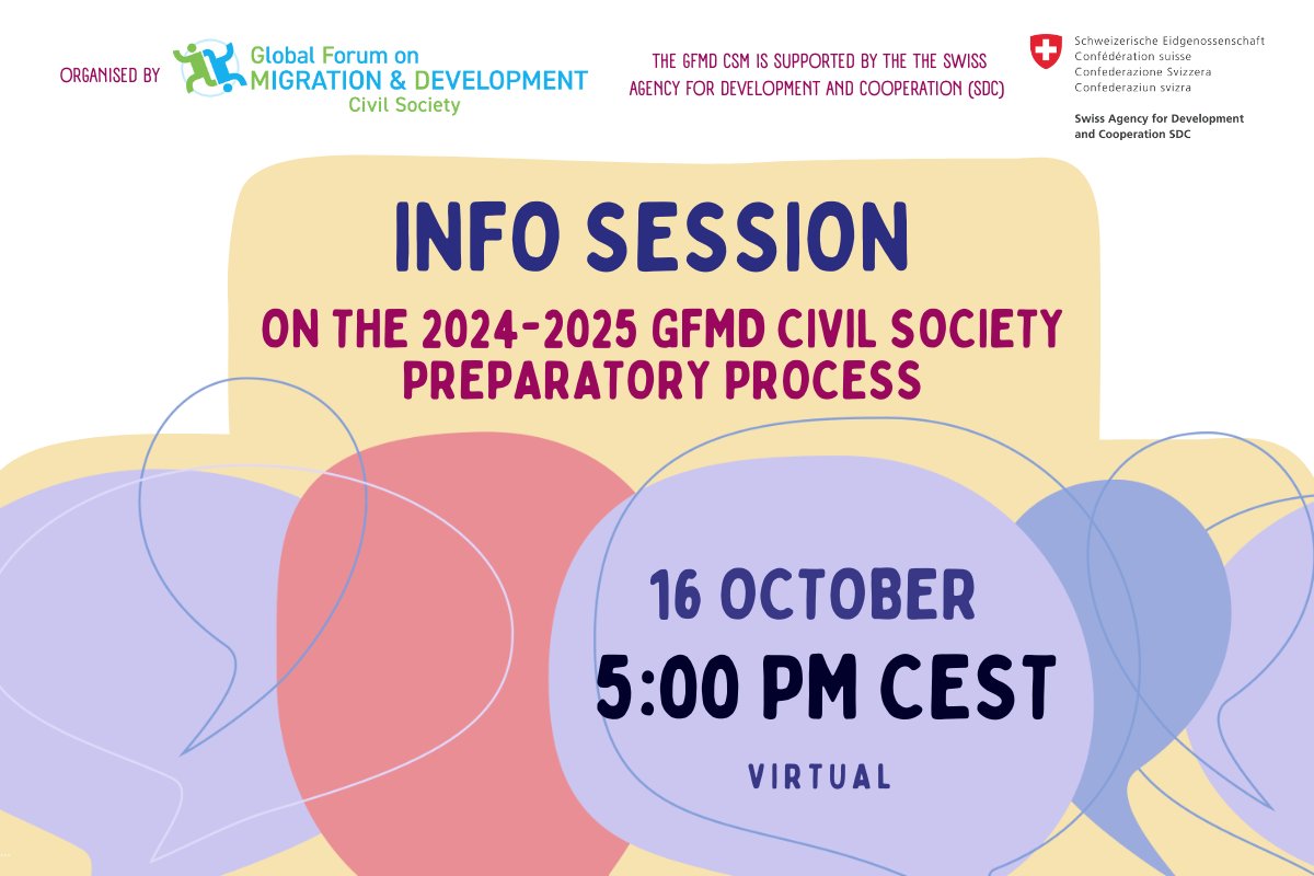 Are you a civil society organisation interested in the <a href="/GFMDprocess/">GFMD</a>? Don’t miss our special info session on our civil society preparatory on 1️⃣6️⃣ October. 

 We're hosting 2 info sessions:
🟣 At 9 AM CEST 👉bit.ly/48aJNj9 
🟡 At 5 PM CEST 👉 bit.ly/4eJ7dyw