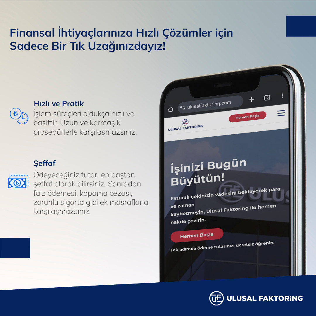 Ulusal Faktoring ile faturalı çekinizi nakde çevirmek çok kolay. Hemen web sitemizdeki formu doldurun, sizi arayalım.
Daha fazla bilgi ve başvuru için 👉ulusalfaktoring.com

#UlusalFaktoring  #faktoring #nakitakışı