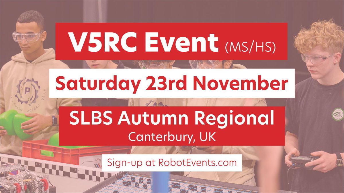 VEXRoboticsUK's tweet image. Taking part in the #V5RC this season?

Get ready for the SLBS Autumn Regional!

🗓️ Saturday 23rd November
📍 Simon Langton Boys School, Kent
🕘 9am - 4:30pm
🎟️ 6 spots open
🔗 buff.ly/4eGQkER 

#VEXUK #VEXV5