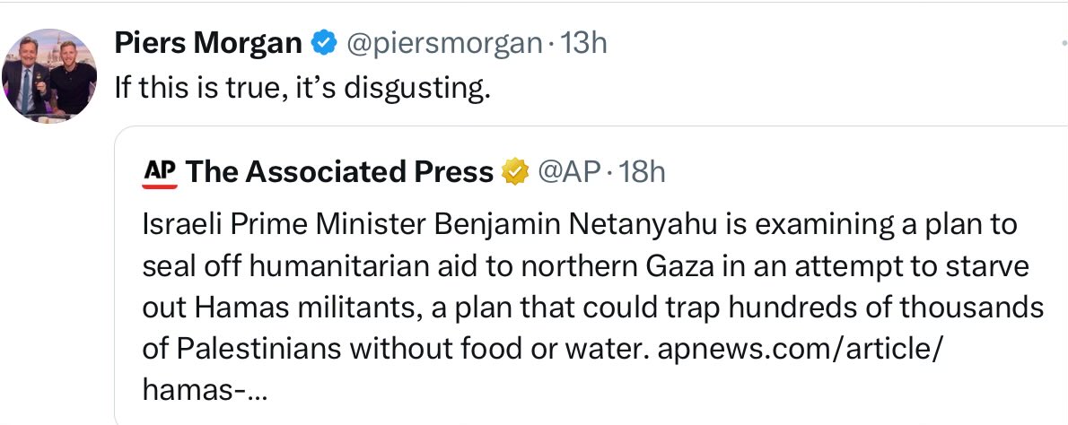 James85fletcher's tweet image. Didn’t previous #shilling by @piersmorgan help #embolden #Netanyahu to the position he now takes, knowing that the #US and #UK #governments are #complicit in his #WarCrimes?

#Biden, #Trump, #Starmer all #support and #arm #genocide.

#غزة #فلسطين #الضفة_الغربية #جرائم_الحرب