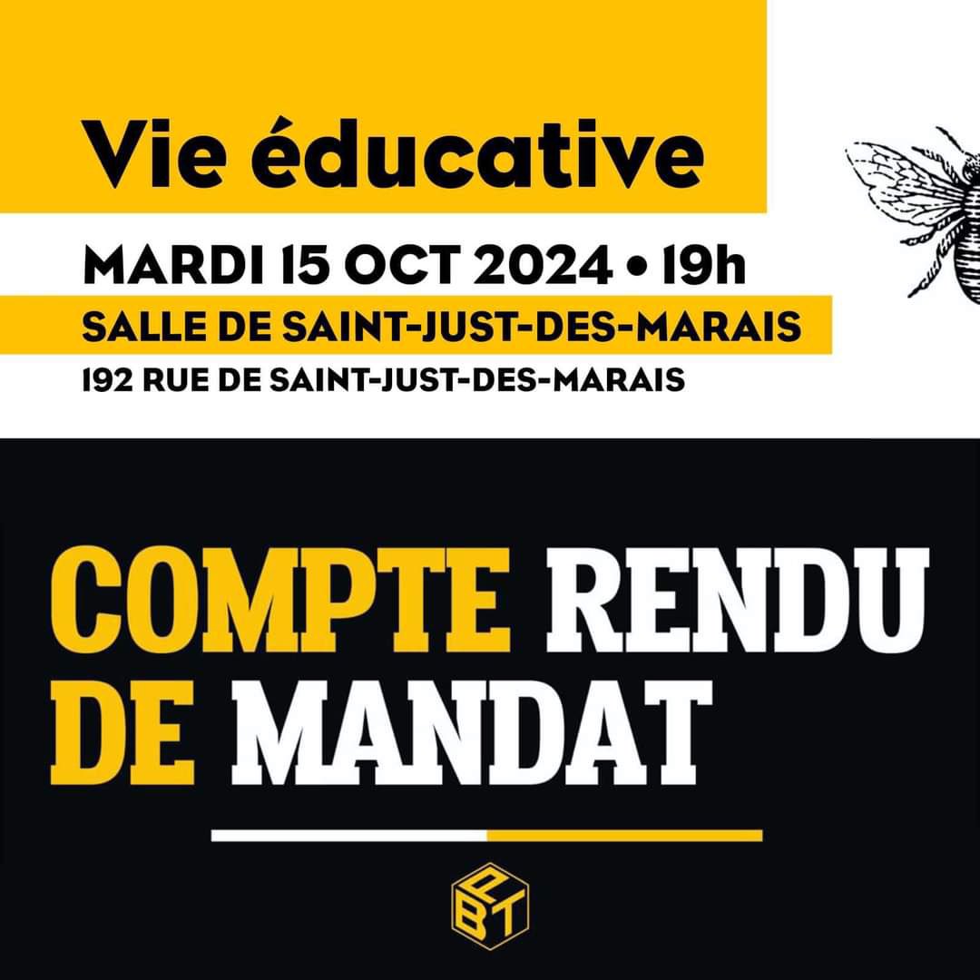 🗣️ Rappel : nous vous attendons ce mardi 15 octobre pour le compte-rendu de mandat #VieÉducative

▶️ RDV dès 19h, dans la salle des fêtes de Saint-Just-des-marais (192 rue de Saint-Just-des-Marais).