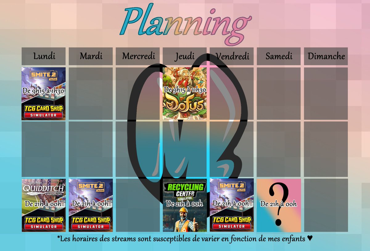 Matsurick's tweet photo. Programme de cette semaine.
J'avais encore oublié de le poster ici, donc on se retrouve ce soir vers 21h sur https://t.co/6b3qMKvp1o

#stream #twitch #streamer https://t.co/6F6nGS19Tk