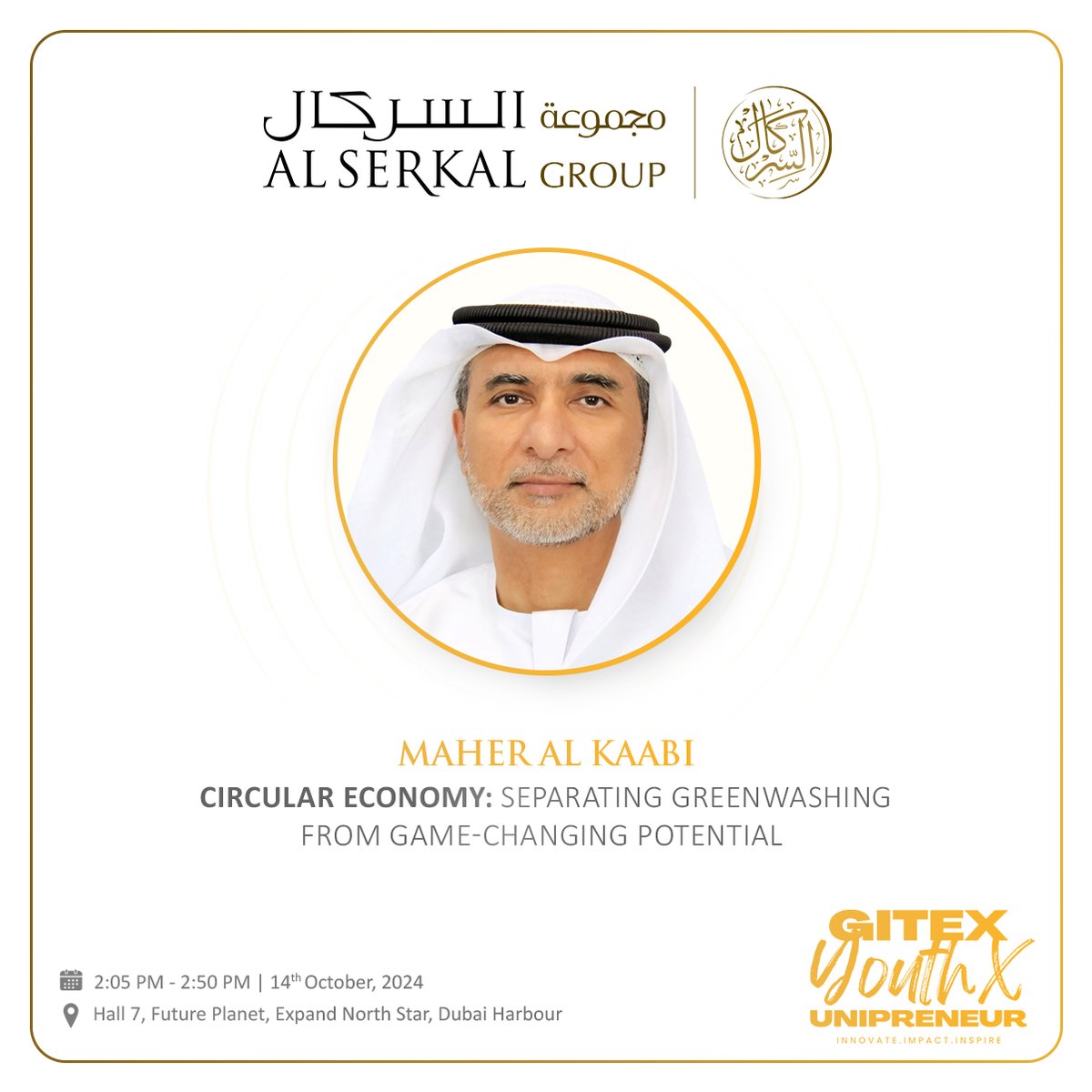 AlSerkalGroup's tweet photo. Mr. Maher Al Kaabi will be participating in an insightful panel debate at @GITEX_GLOBAL YouthX, focusing on the "Today vs. Tomorrow Debates | Circular Economy."
#GITEX2024 #YouthX #Alserkal #AlserkalGroup #AlserkalFamily #Entrepreneurship #FutureLeaders #Innovation #Startups https://t.co/DMuTpQLi3G