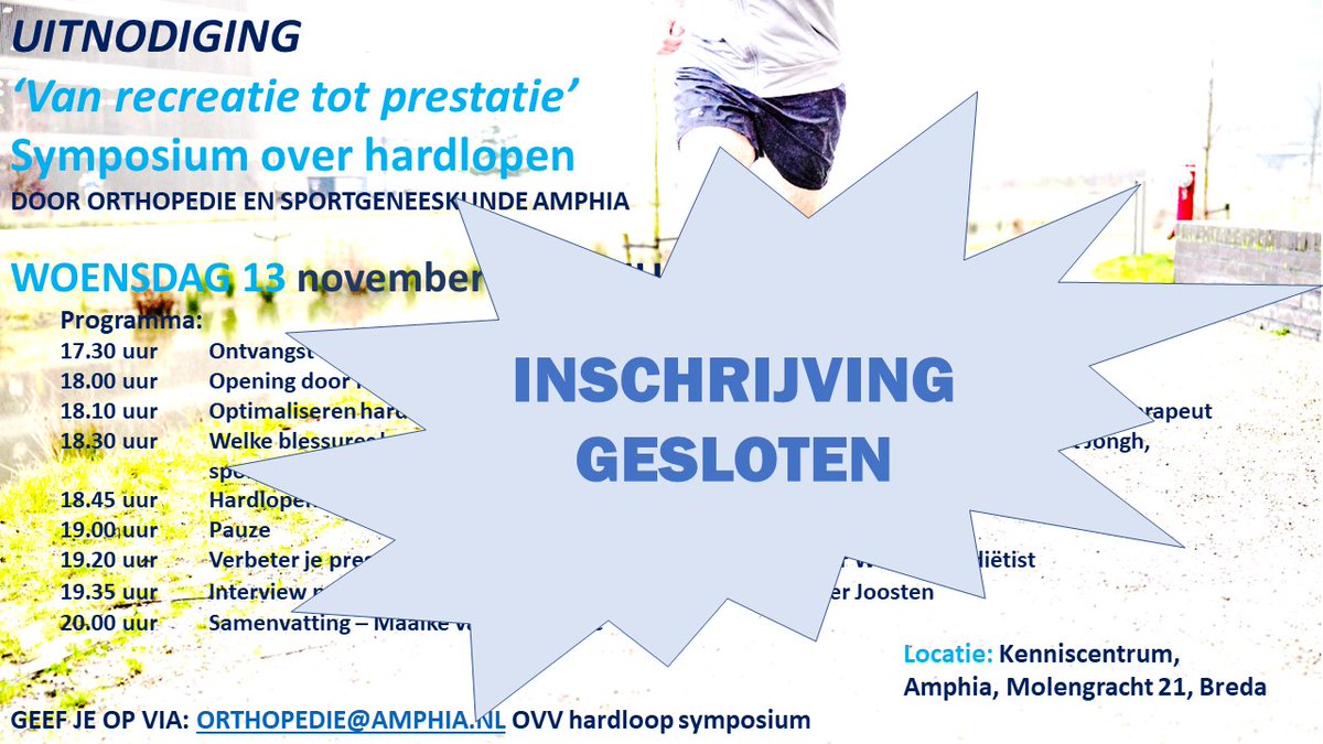 Vanwege de overweldigende belangstelling moeten we helaas vanaf vandaag (14 oktober) de inschrijvingen voor het Hardloopsymposium op woensdag 13 november sluiten. We bedanken iedereen voor het enthousiasme en kijken uit naar een inspirerende dag !