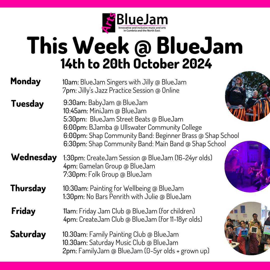 BlueJam Arts CIC (@bluejamarts) on Twitter photo Here's what's on at BlueJam this week! We're particularly looking forward to our first weekend FamilyJam session on Saturday at 2pm for 0-5yr olds and their grown ups. Spaces, although free, are limited - please book in advance (sarabarnard@bluejamarts.org). See you there! Here's what's on at BlueJam this week! We're particularly looking forward to our first weekend FamilyJam session on Saturday at 2pm for 0-5yr olds and their grown ups. Spaces, although free, are limited - please book in advance (sarabarnard@bluejamarts.org). See you there!