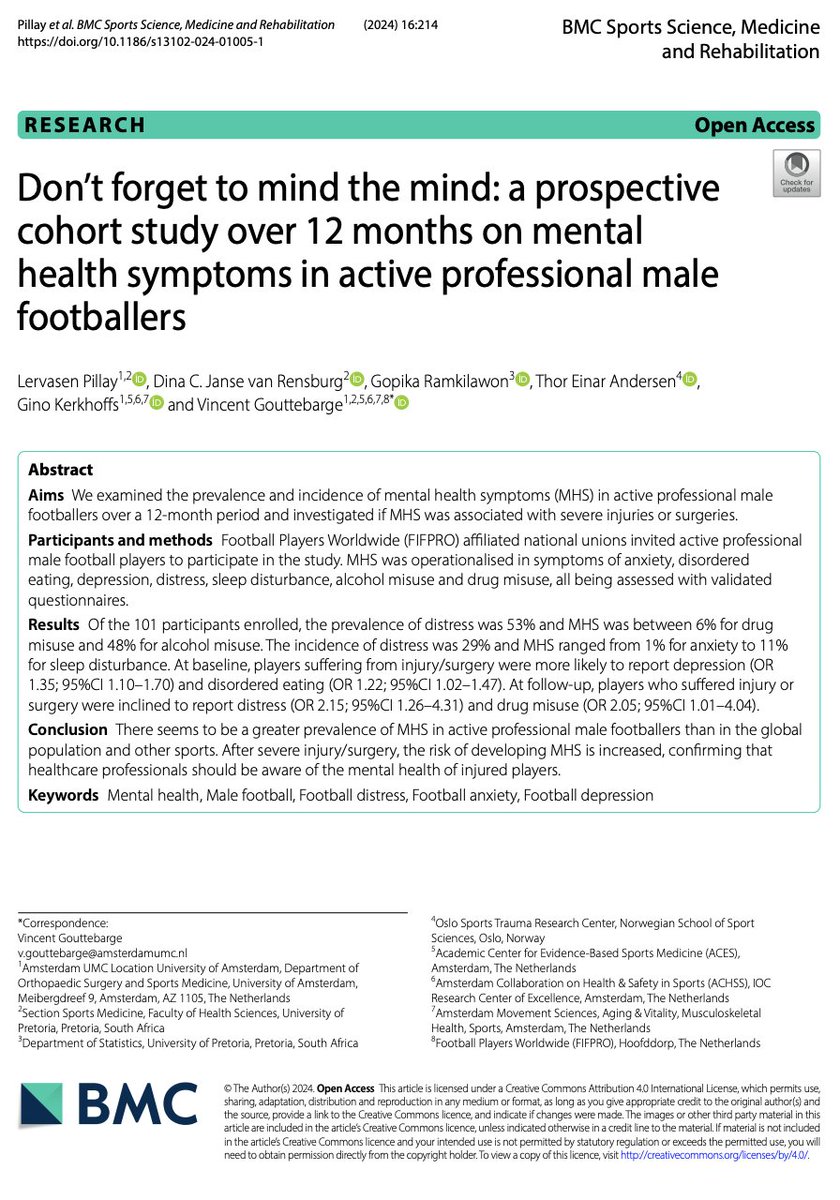 Vincent Gouttebarge (@vgouttebarge) on Twitter photo New paper: "Don’t forget to mind the mind: a prospective cohort study over 12 months on mental health symptoms in active professional male footballer" by <a href="/lervasen/">#sportsdoc</a> <a href="/ChristaJVR/">ChristaJvRensburg</a> <a href="/DocThorAndersen/">Thor Einar Andersen</a> @KerkhoffsG <a href="/FIFPRO/">FIFPRO</a> <a href="/SportsMedUP/">SportsMedUP</a> <a href="/AmsterdamCHSS/">ACHSS</a> <a href="/amsterdamumc/">Amsterdam UMC</a>
…sportsscimedrehabil.biomedcentral.com/articles/10.11… New paper: "Don’t forget to mind the mind: a prospective cohort study over 12 months on mental health symptoms in active professional male footballer" by <a href="/lervasen/">#sportsdoc</a> <a href="/ChristaJVR/">ChristaJvRensburg</a> <a href="/DocThorAndersen/">Thor Einar Andersen</a> @KerkhoffsG <a href="/FIFPRO/">FIFPRO</a> <a href="/SportsMedUP/">SportsMedUP</a> <a href="/AmsterdamCHSS/">ACHSS</a> <a href="/amsterdamumc/">Amsterdam UMC</a>
…sportsscimedrehabil.biomedcentral.com/articles/10.11…