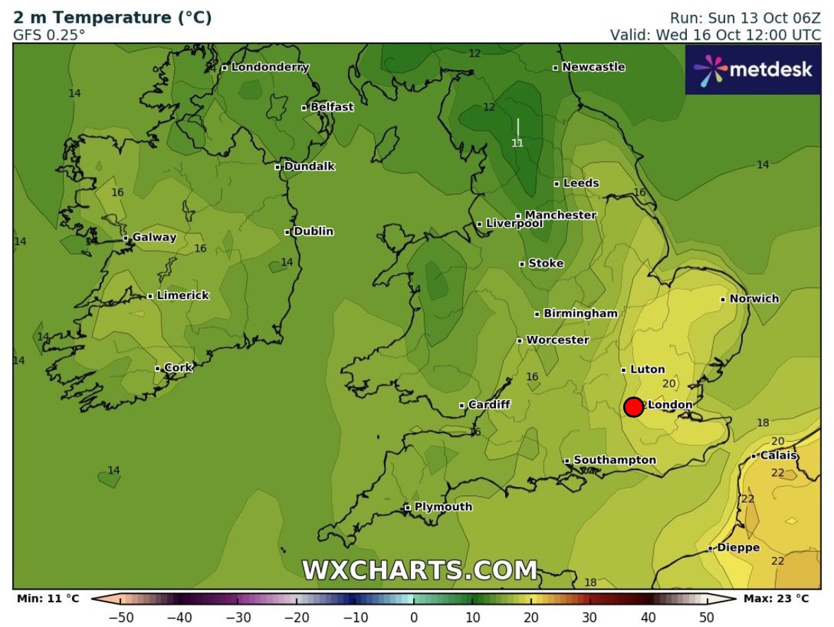 Temperatures will slightly rise this week as higher pressure advances north across the UK. We’re talking 18-20 range, primarily for eastern areas. 

Unfortunately rain and cloud looks to be a big factor.