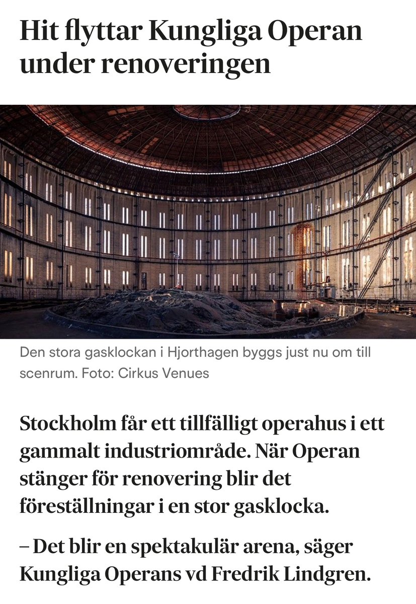 brushuvudet's tweet image. Efter detta – vad ska Operan ens tillbaka till, om man får växa in i den här typen av lokal under några år? Finns det någon publik som vill återvända till det gamla operahuset i stan? #operan (Dump från SvD.)
Nej, gör om det gamla huset till nya kurslokaler för ABF.