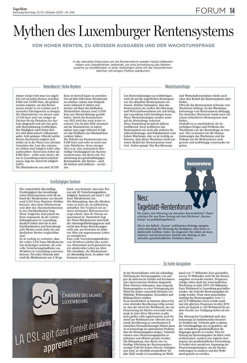 CSL_Luxembourg's tweet image. In der aktuellen Diskussion um die Rentenreform werden häufig Halbwahrheiten und Unwahrheiten verbreitet, um eine Schwächung des Rentensystems zu rechtfertigen. In einer dreiteiligen Serie will die Arbeitnehmerkammer mit einigen Mythen aufräumen.

👉 t.ly/umvxF (1/5)