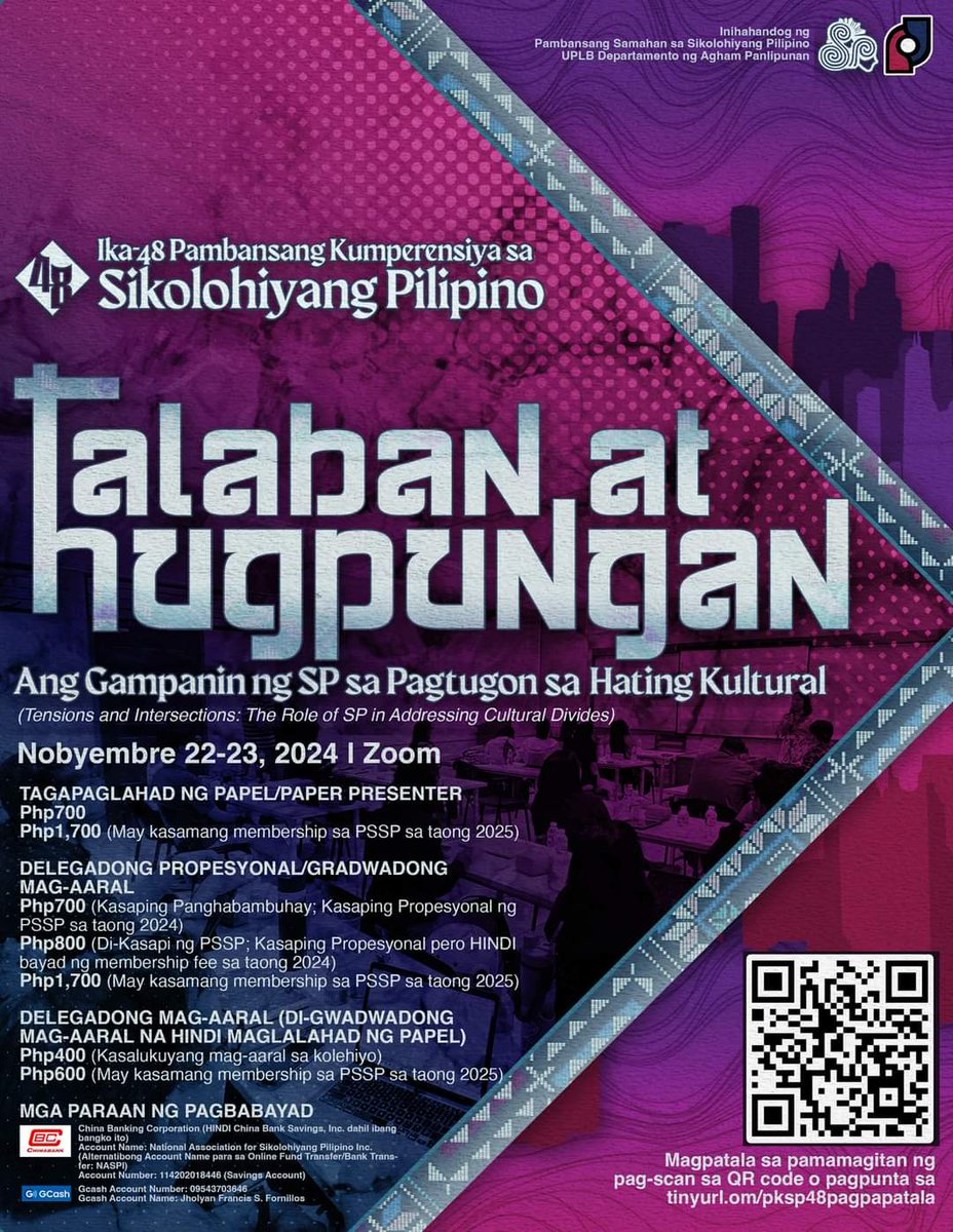 CPD Activity] Ika-48 Pambansang Kumperensiya sa Sikolohiyang Pilipino
Talaban at Hugpungan: Ang Gampanin ng SP sa Pagtugon sa Hating Kultural
22-23 Nobyembre 2024
via Zoom
Registration Form: tinyurl.com/pksp48pagpapat…