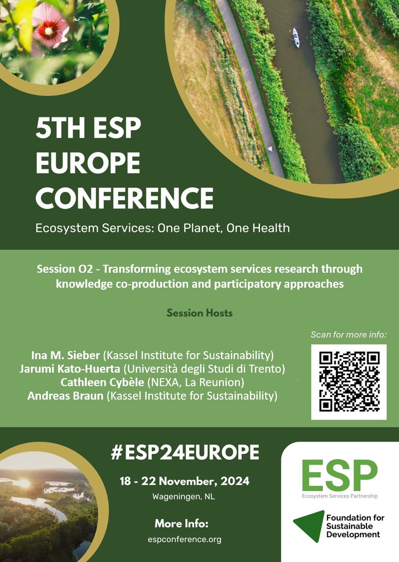 Ina Sieber (@im_sieber) on Twitter photo The #ESP24 is around the corner. Register and join our session O2 "Transforming ecosystem services (and #NbS) research through knowledge #coproduction and #participatory approaches" - 3,5h and a fantastic lineup of speakers awaits
Poster kudos to <a href="/francesc_baro/">Francesc Baró</a>, <a href="/ESPartnership/">Ecosystem Services Partnership</a> The #ESP24 is around the corner. Register and join our session O2 "Transforming ecosystem services (and #NbS) research through knowledge #coproduction and #participatory approaches" - 3,5h and a fantastic lineup of speakers awaits
Poster kudos to <a href="/francesc_baro/">Francesc Baró</a>, <a href="/ESPartnership/">Ecosystem Services Partnership</a>