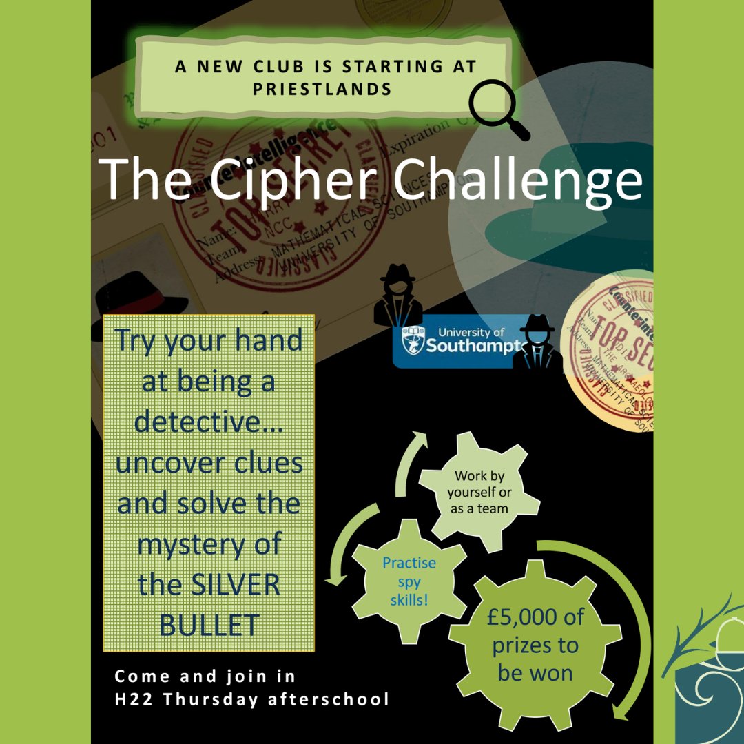 🕵️‍♂️🔍 Do you love cracking codes and solving mysteries? 🔍🕵️‍♀️

✨ Priestlands Cipher Challenge Club is here! ✨

Join us every Thursday to test your detective skills ....