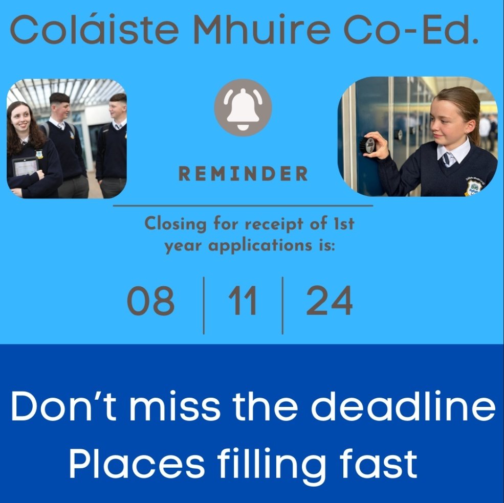 colmhuirecoed's tweet photo. 📢 Reminder for parents/guardians of 6th class pupils ⏬️

🗓 The closing date for receipt of Application Forms into First Year 2025/26 in @colmhuirecoed is Friday 8th November 

Places are filling fast, don't be disappointed

@TipperaryETB @thurles_ie @TipperaryLive @TippFM https://t.co/kiERC6Ggyw
