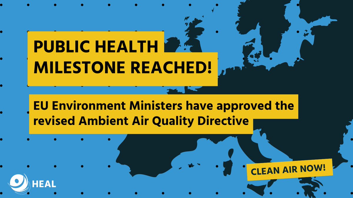 SUCCESS! 🎉
EU Environment Ministers have confirmed the revised Ambient #AirQuality Directive.

The Health and Environment Alliance welcomes this major step towards clean air for better health and calls for swift implementation across EU member states. 

👉ow.ly/aIjp50TKvWg