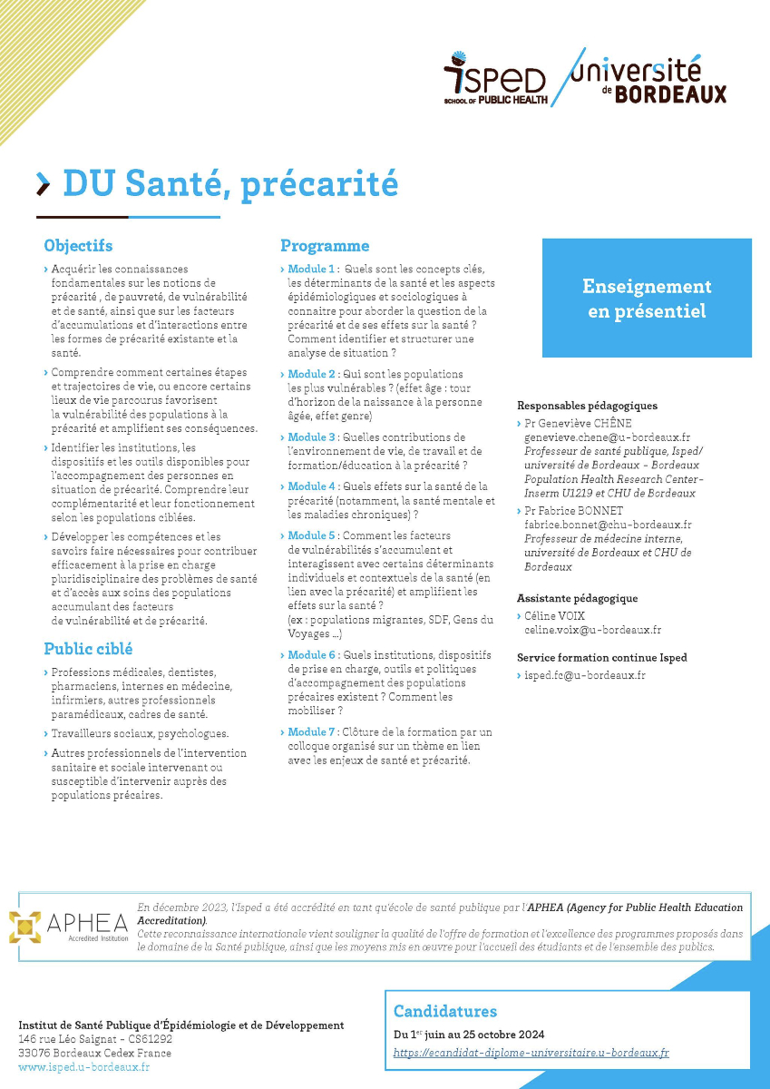 📣 Derniers jours pour candidater au 𝐃𝐔 𝐒𝐚𝐧𝐭𝐞́, 𝐏𝐫𝐞́𝐜𝐚𝐫𝐢𝐭𝐞́ !

👉 Infos : bit.ly/3QKbec4

Inscriptions sur ecandidat : bit.ly/3wko21O

#SantéPublique #Formation #DiplomeUniversitaire #Santé #Précarité