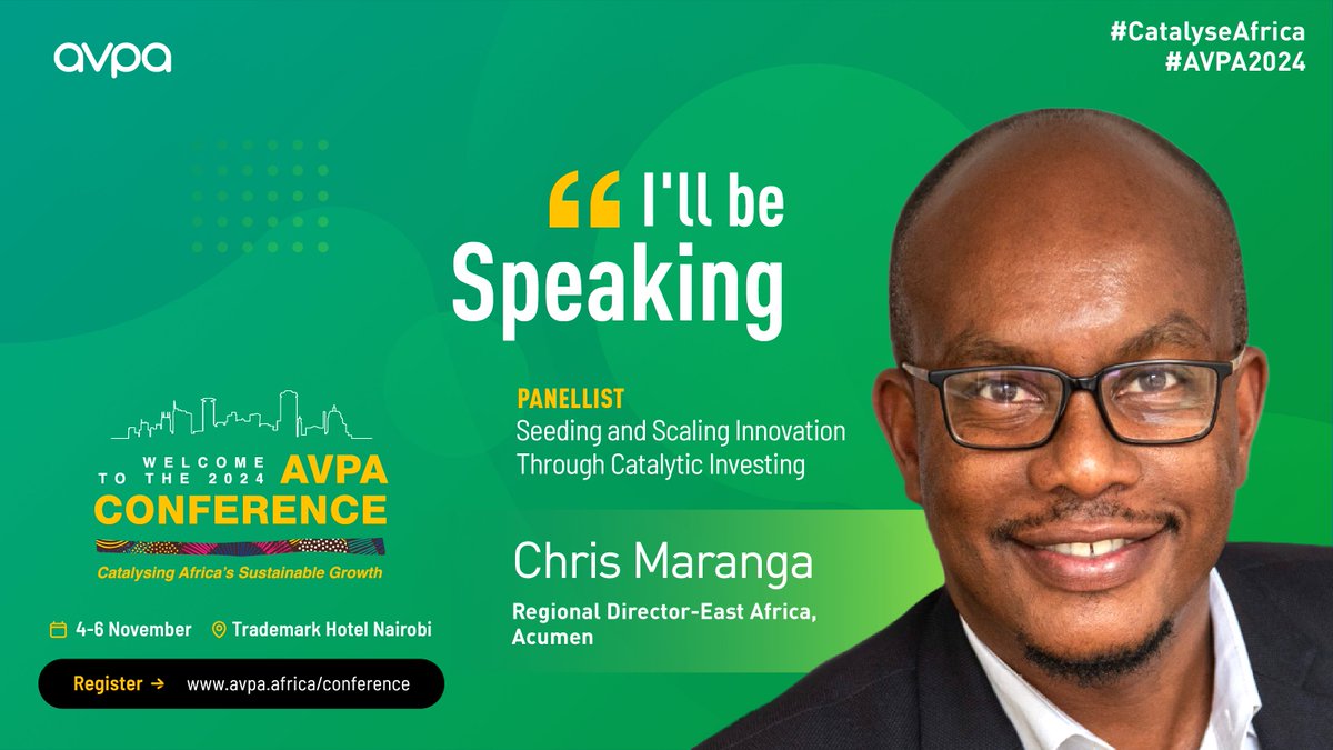 Chris Maranga - Acumen EA Director (@chriskmaranga) on Twitter photo Looking forward to being part of the panel on "Seeding and Scaling Innovation Through Catalytic Investing" at #AVPA2024Conferenceand to sharing my thoughts, insights and experiences with risk in investing. More info from AVPA on the conference at avpa.africa/conference
<a href="/_avpa_/">African Venture Philanthropy Alliance</a> Looking forward to being part of the panel on "Seeding and Scaling Innovation Through Catalytic Investing" at #AVPA2024Conferenceand to sharing my thoughts, insights and experiences with risk in investing. More info from AVPA on the conference at avpa.africa/conference
<a href="/_avpa_/">African Venture Philanthropy Alliance</a>