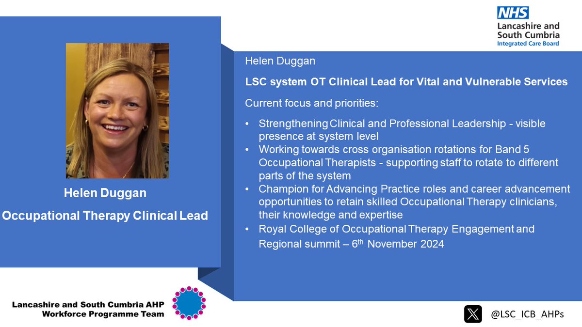LSC_ICB_AHPWorkforceteam (@lsc_icb_ahps) on Twitter photo <a href="/LSC_ICB_AHPs/">LSC_ICB_AHPWorkforceteam</a> would like to share Helen Duggan
LSC System Occupational Therapy Clinical Lead AHP day pledge and bio
<a href="/SarahOb63037510/">Sarah Obrien</a> <a href="/stsandford/">Stephen Sandford</a> <a href="/SuzanneRastrick/">Suzanne Rastrick</a> <a href="/BeverleyHarden/">Beverley Harden FCSP</a> <a href="/NaomiMcVey/">Naomi McVey 🐝</a> @GSCornell #AHPsDay24 <a href="/LSC_ICB_AHPs/">LSC_ICB_AHPWorkforceteam</a> would like to share Helen Duggan
LSC System Occupational Therapy Clinical Lead AHP day pledge and bio
<a href="/SarahOb63037510/">Sarah Obrien</a> <a href="/stsandford/">Stephen Sandford</a> <a href="/SuzanneRastrick/">Suzanne Rastrick</a> <a href="/BeverleyHarden/">Beverley Harden FCSP</a> <a href="/NaomiMcVey/">Naomi McVey 🐝</a> @GSCornell #AHPsDay24