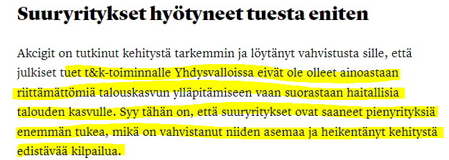 Kyllä on erinomaisen kiinnostavaa analyysiä <a href="/WessmanRoger/">Roger Wessman</a> !
Syytämällä tukia olemassa oleville suuryrityksille, emme saavuta mitään hyvää. Eikä tukirumban keskittäminen EU:lle auttaisi, luultavimmin jopa haittaisi pienten disruptiivisten yritysten nousua.
mustread.fi/blogit/tk-inve…