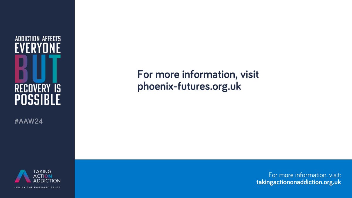 Taking Action on Addiction (@actionaddiction) on Twitter photo Our next partner this #AAW24 is <a href="/PhoenixFutures1/">Phoenix Futures</a>🎊
Phoenix Futures have been providing residential, prison, and community services in relation to drug and alcohol support for over 50 years.
Find out more here: phoenix-futures.org.uk
#PhoenixFutures #TakingActionOnAddiction Our next partner this #AAW24 is <a href="/PhoenixFutures1/">Phoenix Futures</a>🎊
Phoenix Futures have been providing residential, prison, and community services in relation to drug and alcohol support for over 50 years.
Find out more here: phoenix-futures.org.uk
#PhoenixFutures #TakingActionOnAddiction