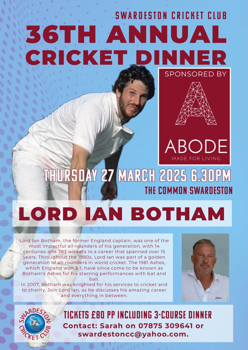 Absolutely thrilled to announce we have secured the services of Lord Ian Botham <a href="/BeefyBotham/">BeefyBotham</a> to speak at our 36th annual cricket dinner in March next year. Great also to welcome back Abode Construction as dinner sponsor for 3rd year running.
🏏 Info: swardestoncc.co.uk/2024/10/lord-b…