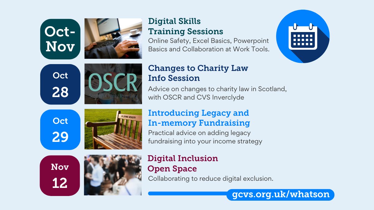 📣 There's a wide range of events and support coming up for Glasgow's #ThirdSector on our website. Here's just a few dates to highlight! Visit our website to book today bit.ly/What3On

#ThirdSector #CharityLaw #Fundraising #DigitalInclusion