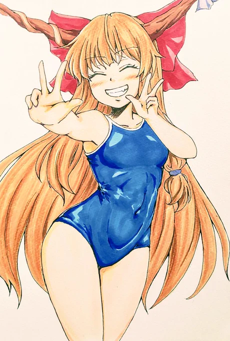─描きたいものを描く─数ヶ月ぶりの投稿スク水萃香のカラーイラストです描きたいもの描くので季節はガン無視#東方Project #伊吹萃香 