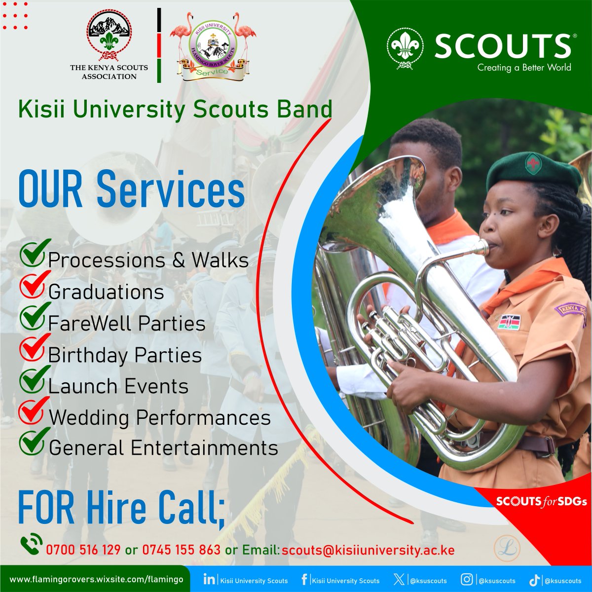 🎶Looking for exceptional music services? The 
Kisii University Scouts Band is here to make your events unforgettable! 
Whether it’s a walk, a graduation, or a launch event, we've got you covered with vibrant performances!  Let's create memories together! 
<a href="/KenyaScouts/">Kenya Scouts</a>